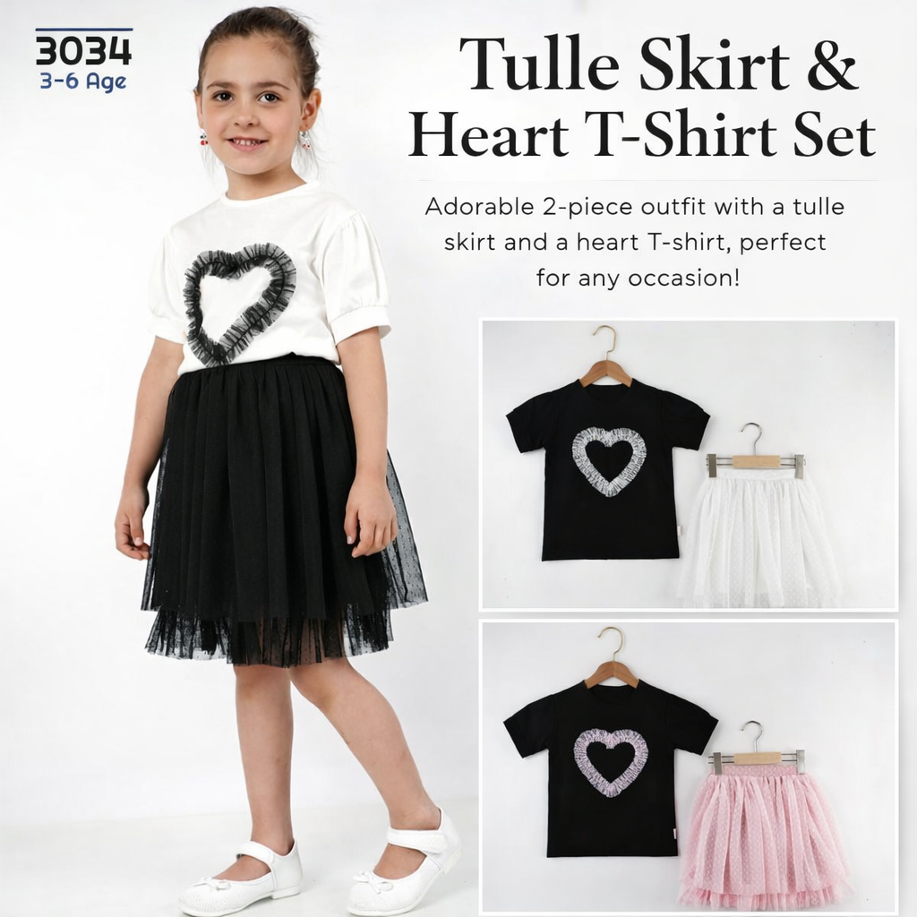 Girls Heart Tulle Skirt Set – 2-Piece Outfit (Ages 3–6)