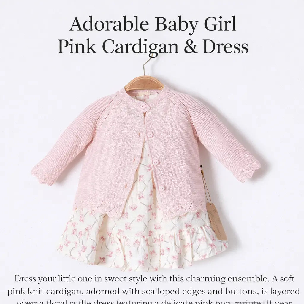 Adorable Baby Girl Pink Floral Dress with Knit Cardigan Set
