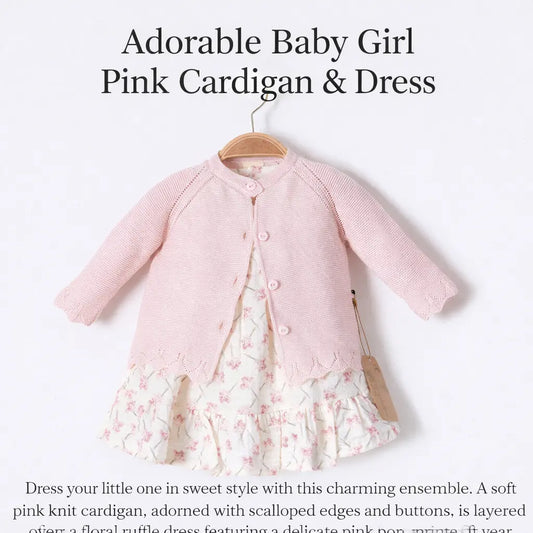 Adorable Baby Girl Pink Floral Dress with Knit Cardigan Set