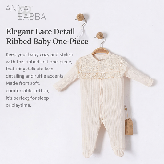 Anna Babba Lace Collar Ribbed Baby Sleepsuit – Ecru (0–9 Months)