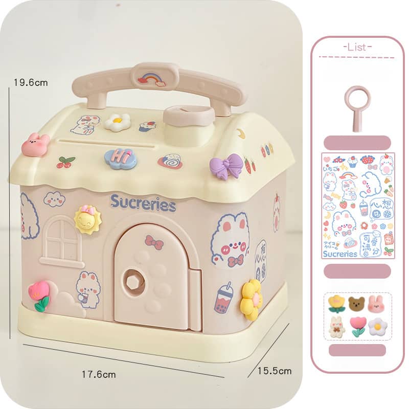 Sucreries Kawaii Cottage Coin Bank – Adorable House Savings Box with Stickers & Key