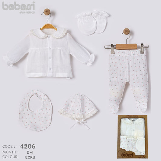 Bebessi 6-Piece Newborn Baby Clothing Set – Soft Cotton Outfit with Hat, Bib & Mittens (0-1 Month, Green)