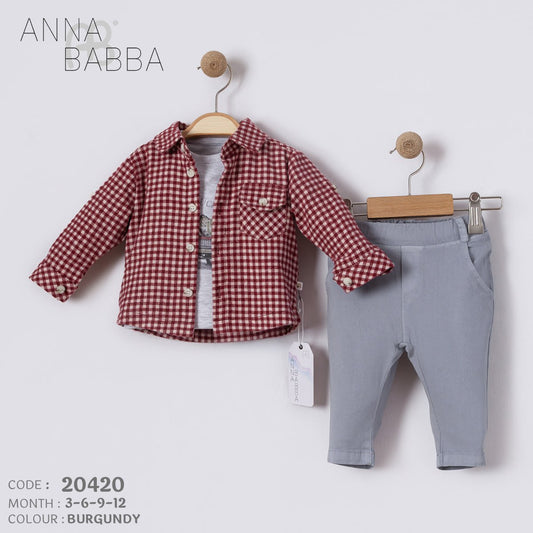 Anna Babba 3-Piece Baby Outfit Set – Gingham Shirt & Soft Pants (Code 20420)