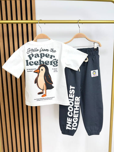 Cool Penguin Kids Outfit Set – “Paper Iceberg” Graphic Tee & Jogger Pants