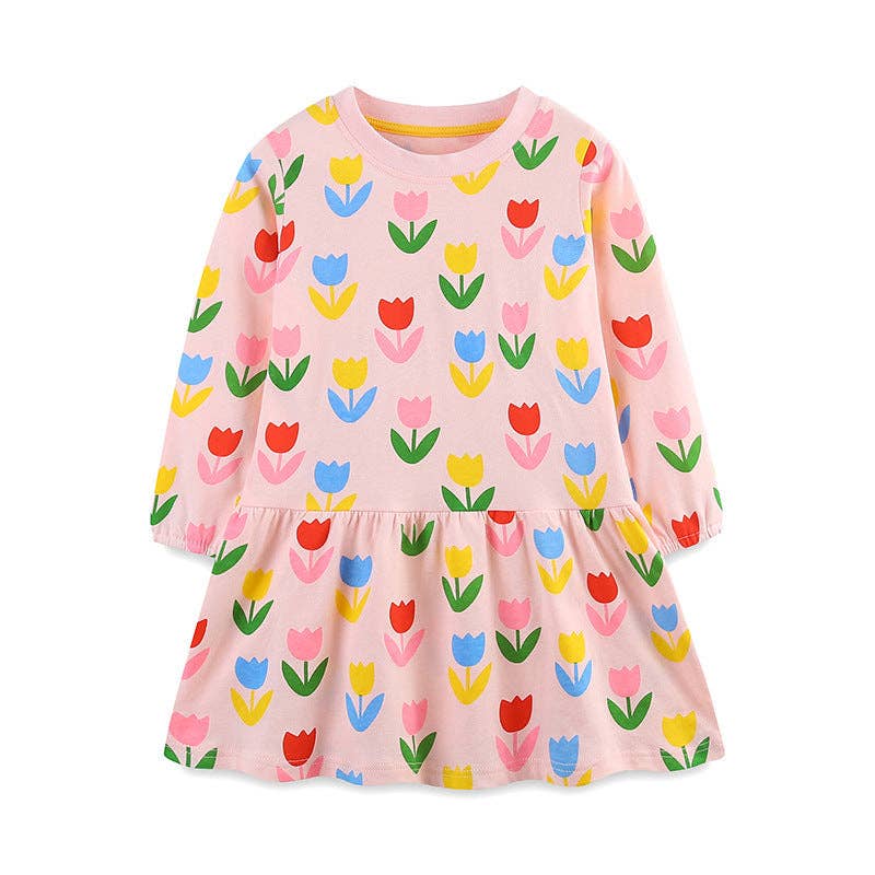 Flower Print Long Sleeve Dress for Girls: 1533 / 7Y(125cm)