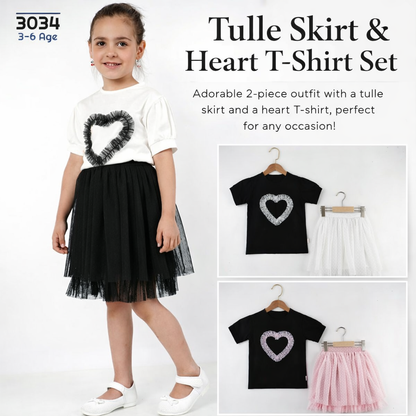 Girls Heart Tulle Skirt Set – 2-Piece Outfit (Ages 3–6)