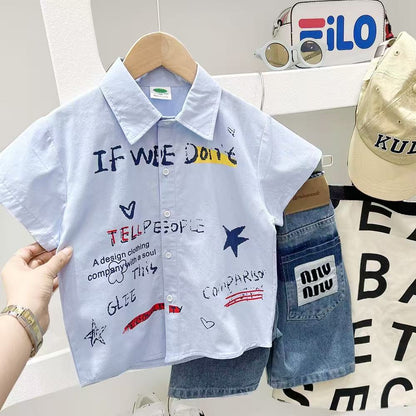 Trendy Kids Graffiti Print Button-Up Shirt – Summer Short Sleeve Cotton Top