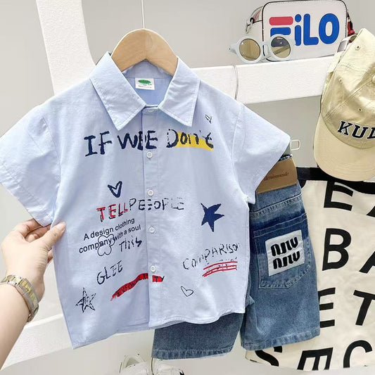 Trendy Kids Graffiti Print Button-Up Shirt – Summer Short Sleeve Cotton Top