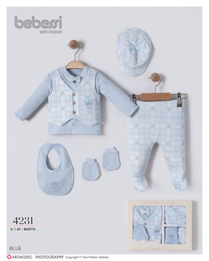 Bebessi 5-Piece Baby Outfit Gift Set – Vest Style Newborn Clothes with Hat, Bib & Mittens (0–12 Months)