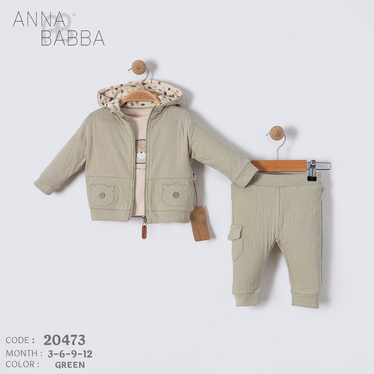 Anna & Babba Baby 3-Piece Outfit Set – Sage Green Hoodie, Pants & Shirt (3–12 Months)