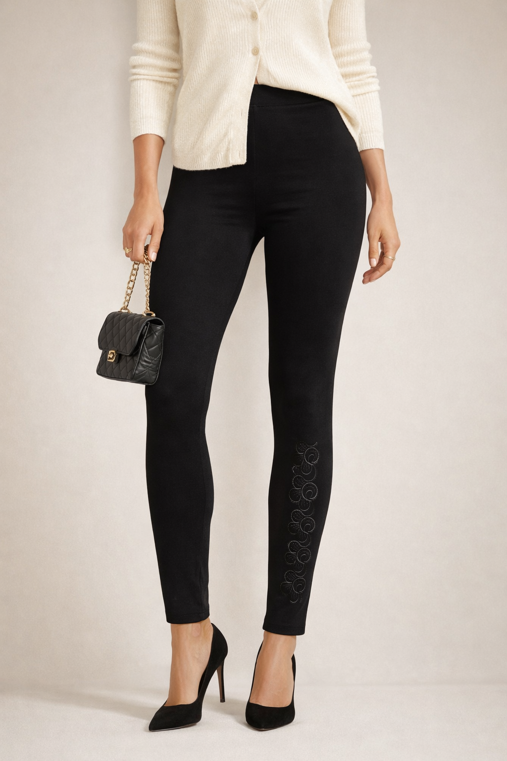 Black Pull-On Pants with Sequin Floral Detail – Stretch Waist, Elegant & Comfortable