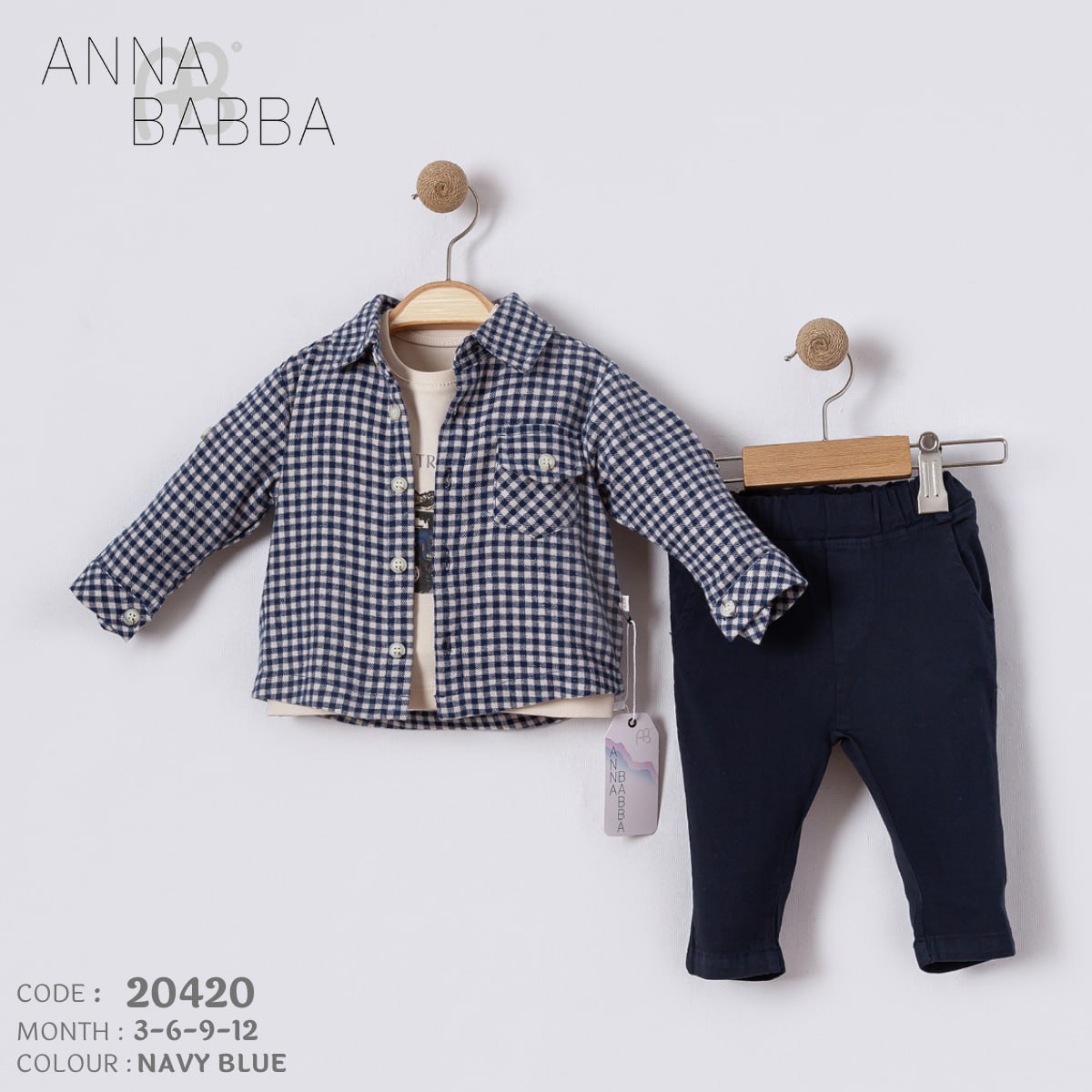 Anna Babba 3-Piece Baby Outfit Set – Gingham Shirt & Soft Pants (Code 20420)