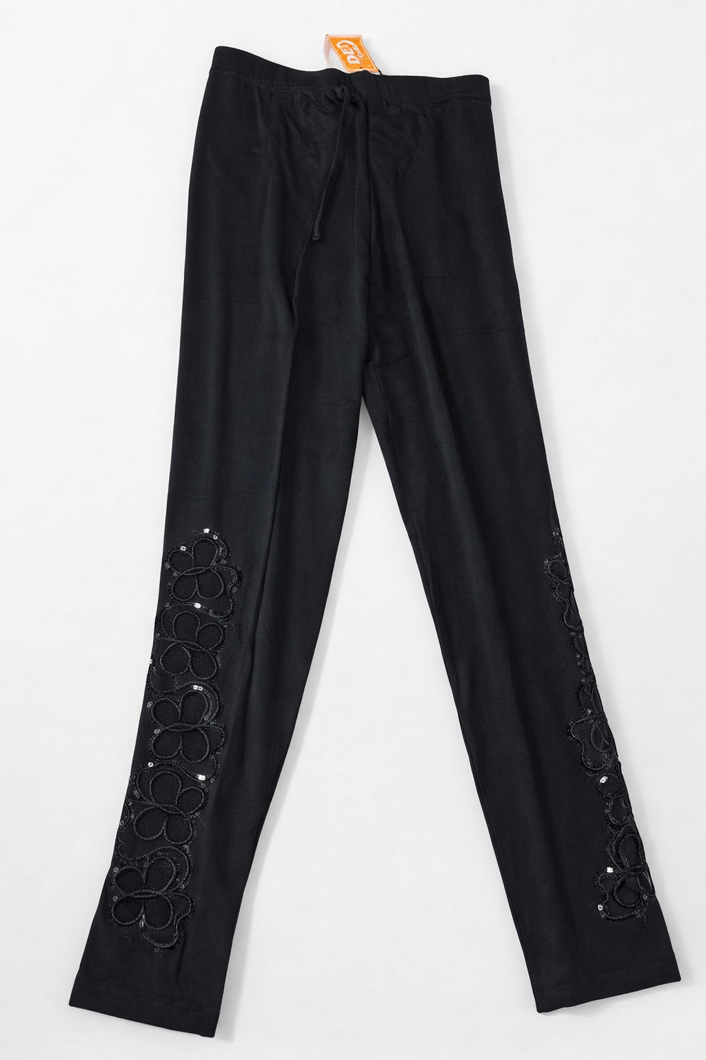 Black Pull-On Pants with Sequin Floral Detail – Stretch Waist, Elegant & Comfortable