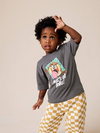 Kids Outfit Set – Charcoal Tee & Orange Check Joggers