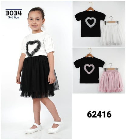 Girls Heart Tulle Skirt Set – 2-Piece Outfit (Ages 3–6)