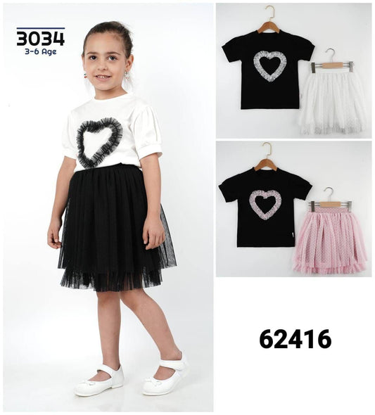 Girls Heart Tulle Skirt Set – 2-Piece Outfit (Ages 3–6)