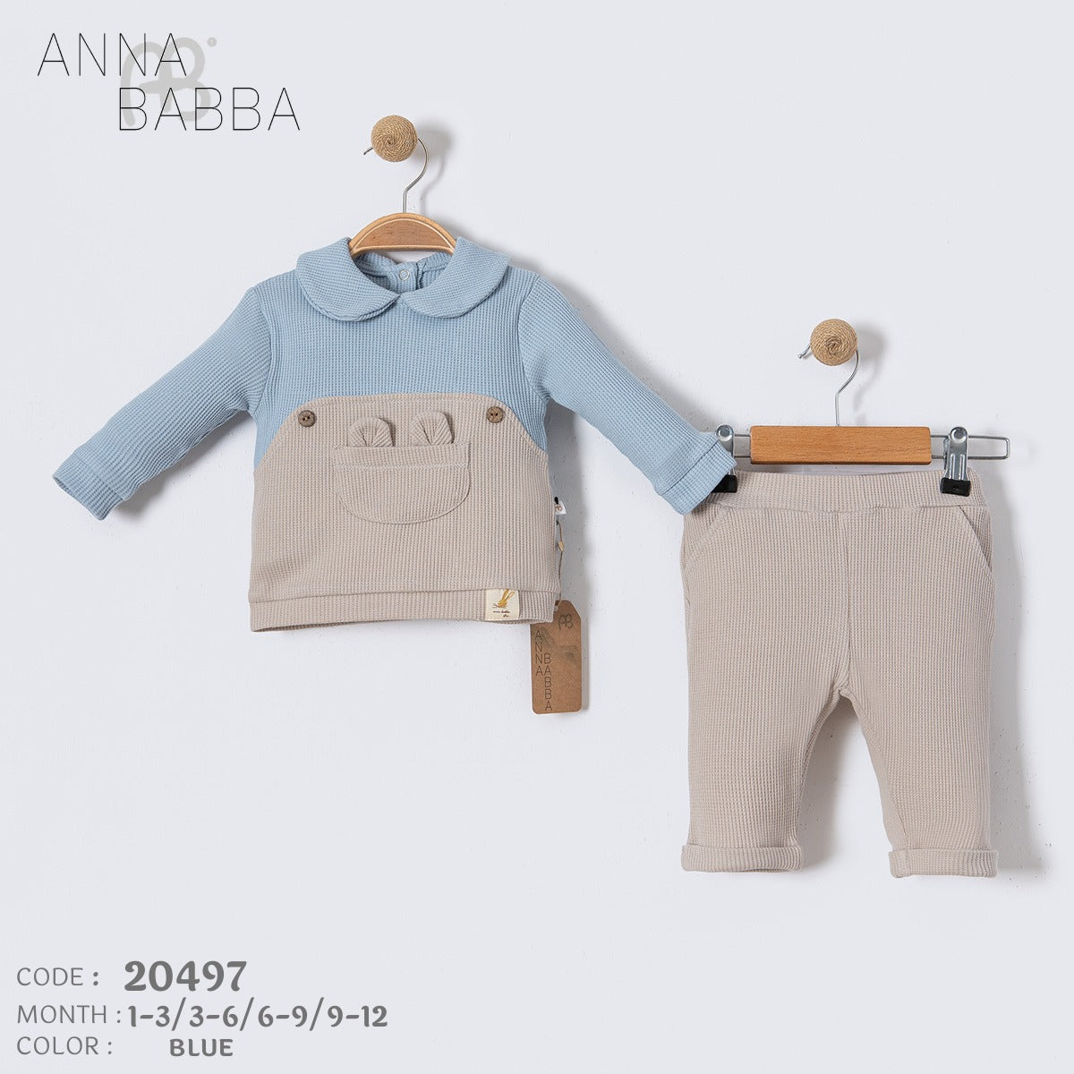 Anna Babba Baby Two-Piece Outfit – Blue & Beige Bear Pocket Set