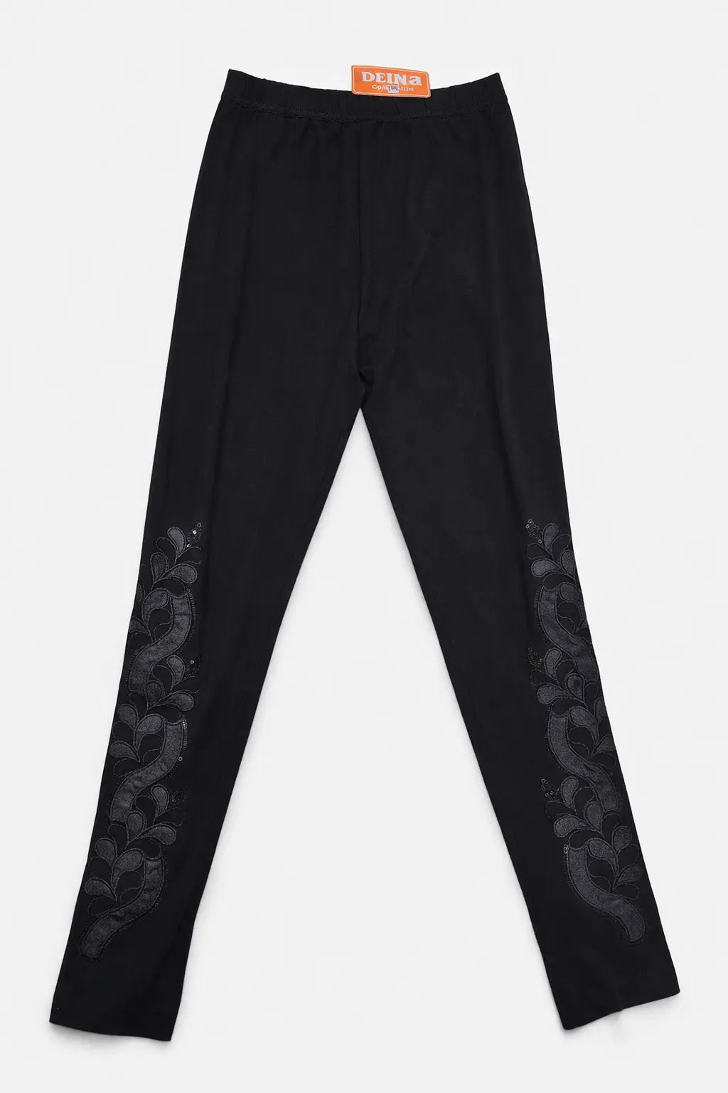 Black Pull-On Pants with Sequin Floral Detail – Stretch Waist, Elegant & Comfortable