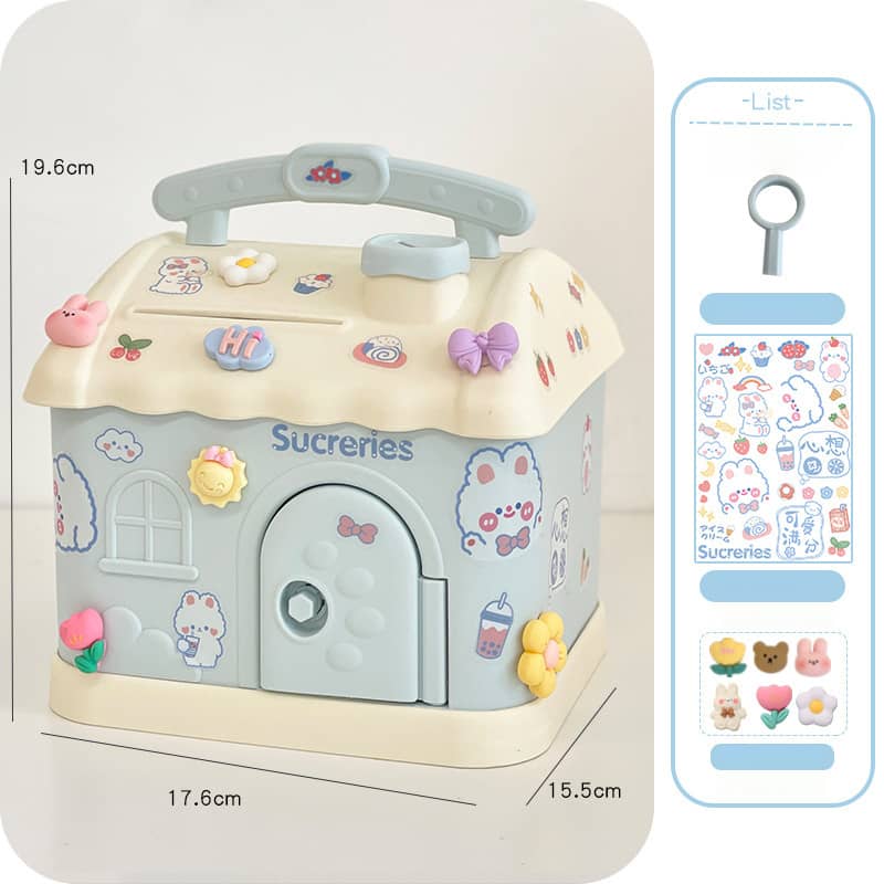 Sucreries Kawaii Cottage Coin Bank – Adorable House Savings Box with Stickers & Key
