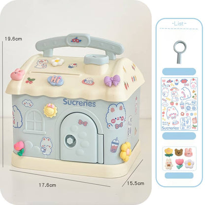 Sucreries Kawaii Cottage Coin Bank – Adorable House Savings Box with Stickers & Key
