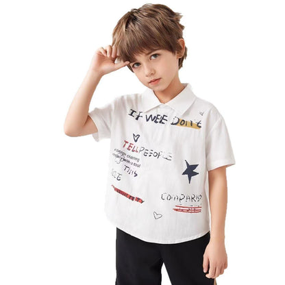Trendy Kids Graffiti Print Button-Up Shirt – Summer Short Sleeve Cotton Top