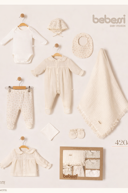 Bebessi 10-Piece Organic Newborn Gift Set – Ecru Baby Essentials with Muslin Blanket (Model 4205)