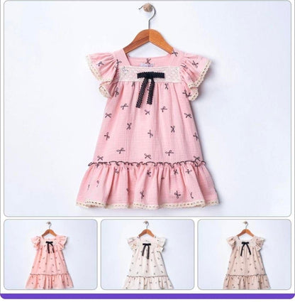 Elegant Baby Girls Pink Bow Lace Ruffle Dress