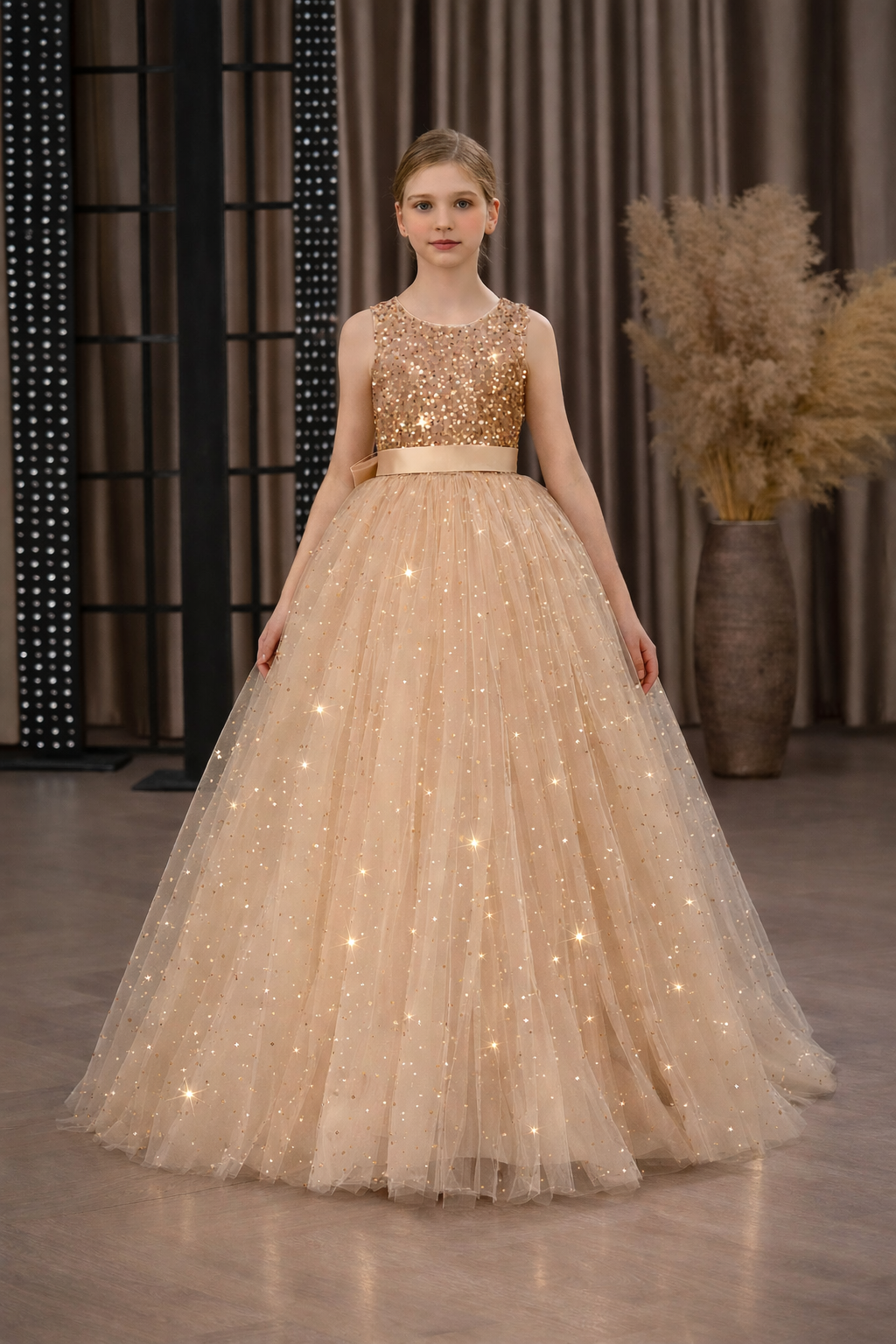 ✨ Champagne Gold Sparkle Princess Ball Gown – Elegant Sequin & Tulle Formal Dress for Girls ✨