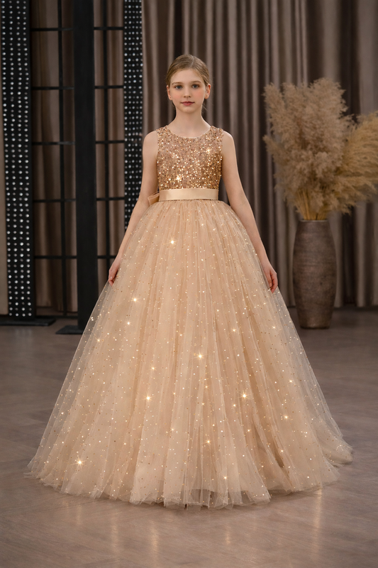 ✨ Champagne Gold Sparkle Princess Ball Gown – Elegant Sequin & Tulle Formal Dress for Girls ✨