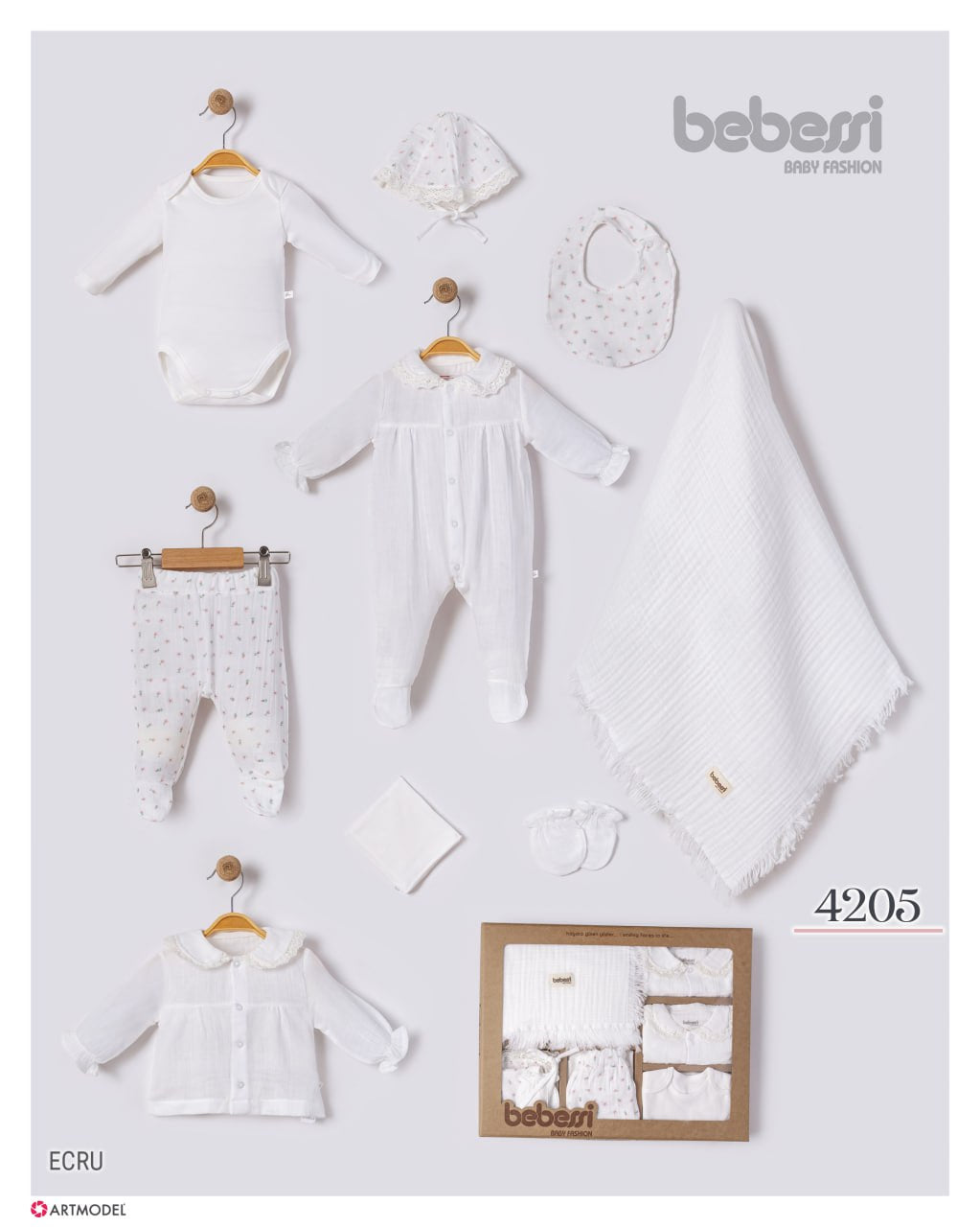 Bebessi 10-Piece Organic Newborn Gift Set – Ecru Baby Essentials with Muslin Blanket (Model 4205)