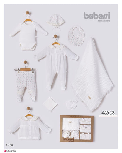 Bebessi 10-Piece Organic Newborn Gift Set – Ecru Baby Essentials with Muslin Blanket (Model 4205)
