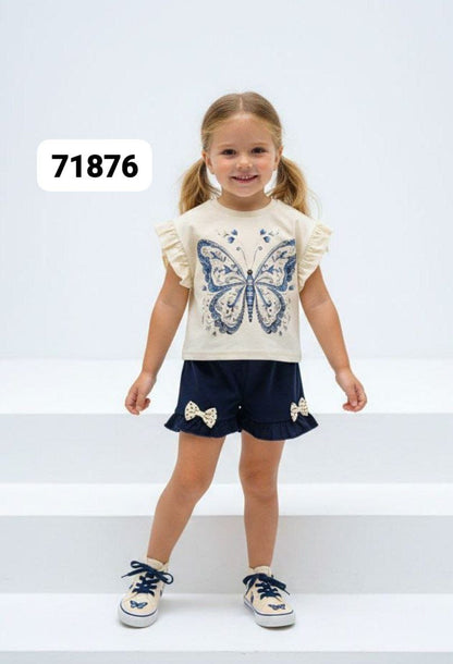 🦋 Butterfly Print Girls 2-Piece Outfit Set – Cute Ruffle Sleeve Top & Bow Shorts