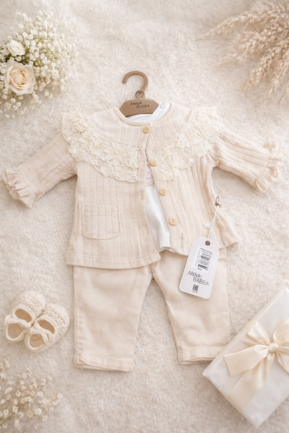 Elegant Beige Lace Ruffle Baby Set – 2 Piece Knit Outfit