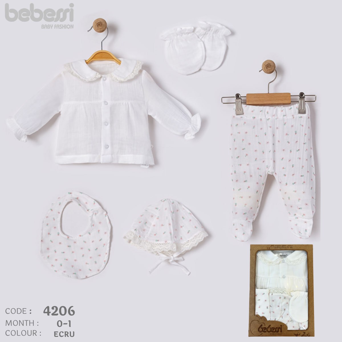 Bebessi 6-Piece Newborn Baby Clothing Set – Soft Cotton Outfit with Hat, Bib & Mittens (0-1 Month, Green)