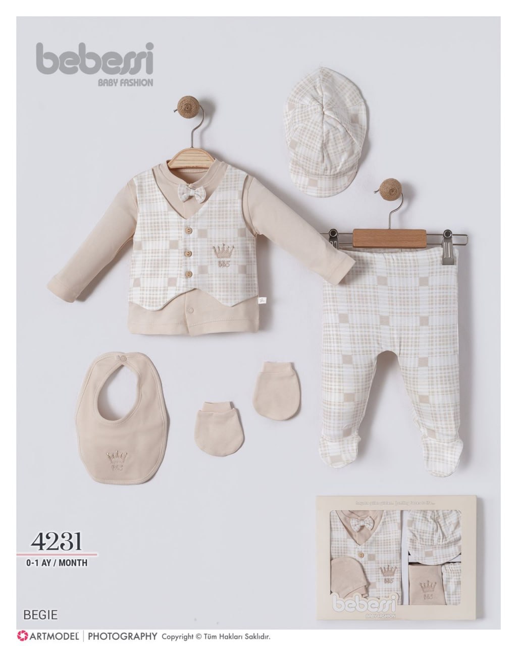 Bebessi 5-Piece Baby Outfit Gift Set – Vest Style Newborn Clothes with Hat, Bib & Mittens (0–12 Months)