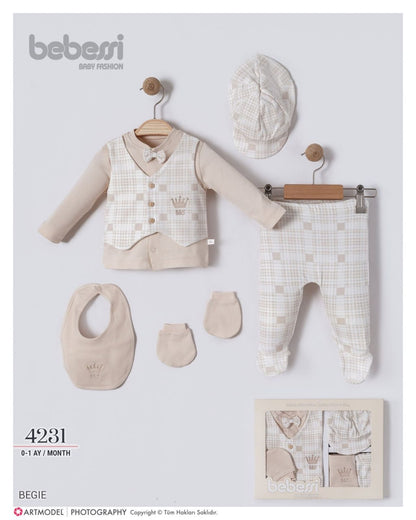 Bebessi 5-Piece Baby Outfit Gift Set – Vest Style Newborn Clothes with Hat, Bib & Mittens (0–12 Months)