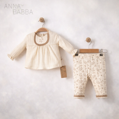 Anna Babba Baby Girl 2-Piece Outfit Set – Beige Floral Top & Pants (0-12 Months)
