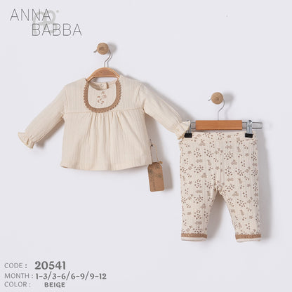 Anna Babba Baby Girl 2-Piece Outfit Set – Beige Floral Top & Pants (0-12 Months)
