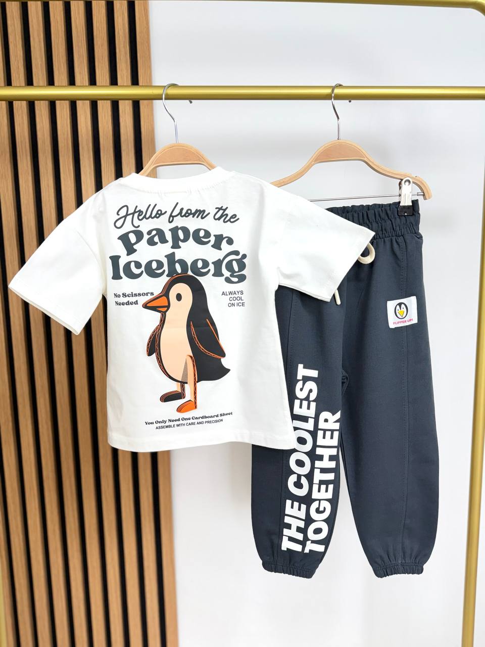 Cool Penguin Kids Outfit Set – “Paper Iceberg” Graphic Tee & Jogger Pants