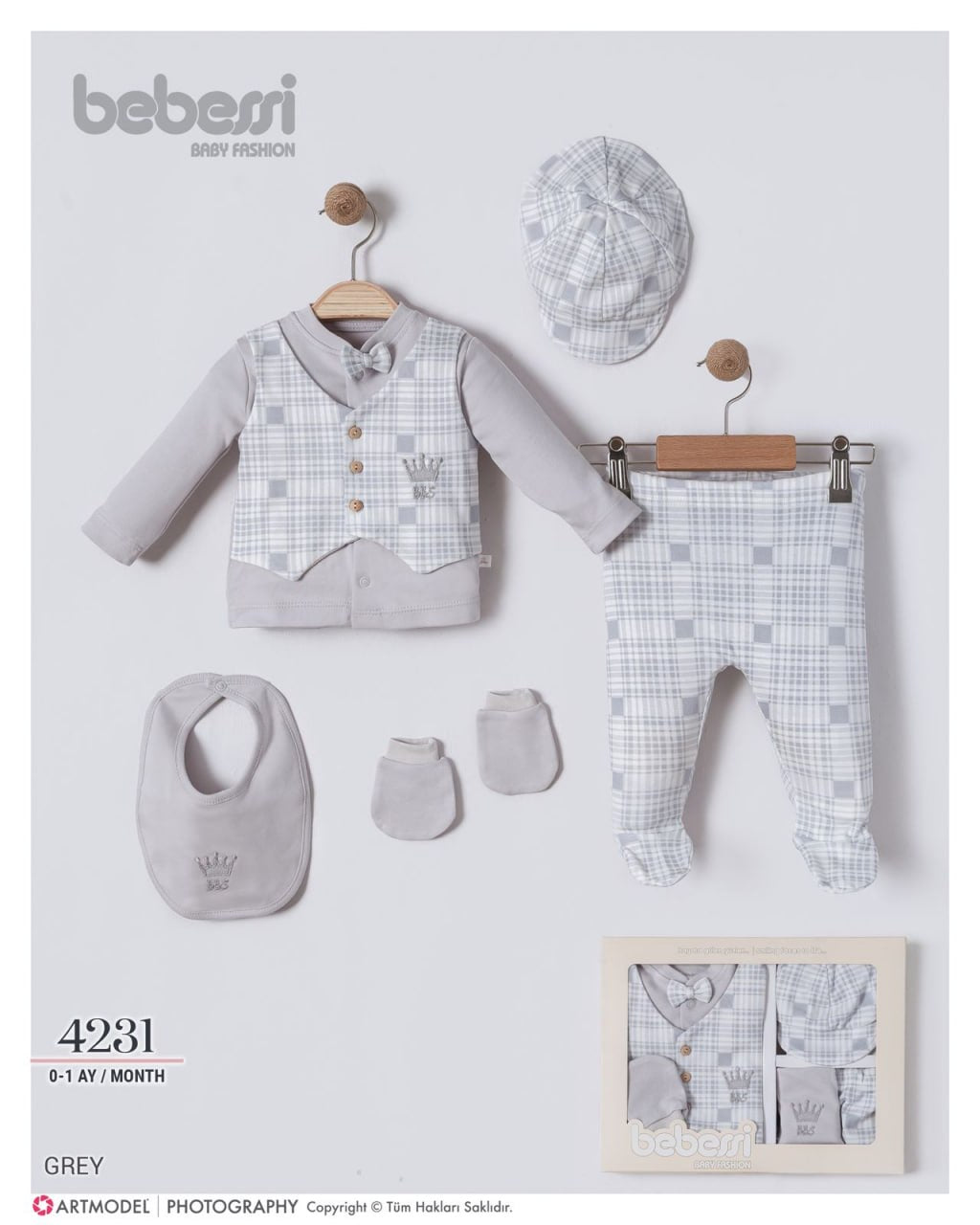 Bebessi 5-Piece Baby Outfit Gift Set – Vest Style Newborn Clothes with Hat, Bib & Mittens (0–12 Months)
