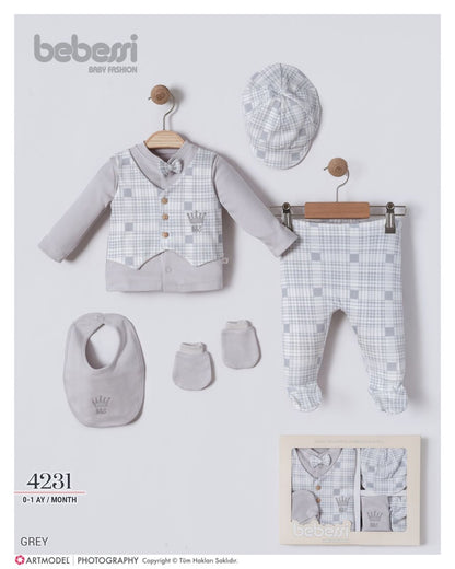 Bebessi 5-Piece Baby Outfit Gift Set – Vest Style Newborn Clothes with Hat, Bib & Mittens (0–12 Months)