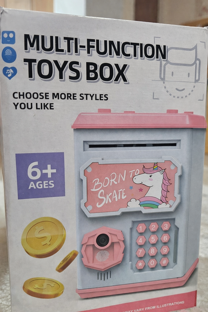 Kids Electronic Piggy Bank Safe with Simulated Face Recognition – Password & Fingerprint Money Box (Unicorn & Dinosaur Designs)
