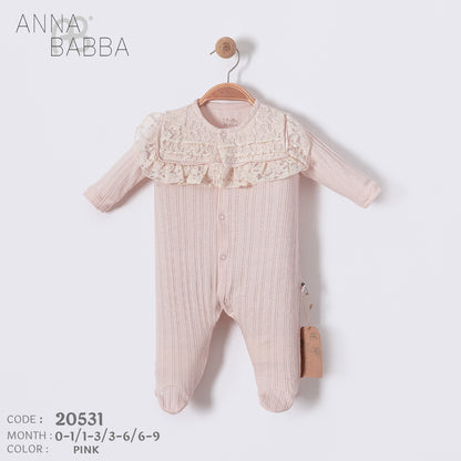 Anna Babba Lace Collar Ribbed Baby Sleepsuit – Ecru (0–9 Months)