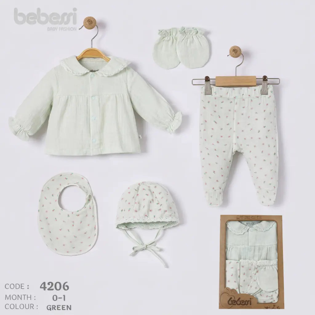 Bebessi 6-Piece Newborn Baby Clothing Set – Soft Cotton Outfit with Hat, Bib & Mittens (0-1 Month, Green)