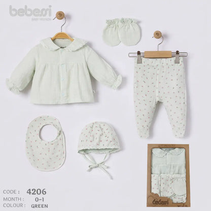 Bebessi 6-Piece Newborn Baby Clothing Set – Soft Cotton Outfit with Hat, Bib & Mittens (0-1 Month, Green)