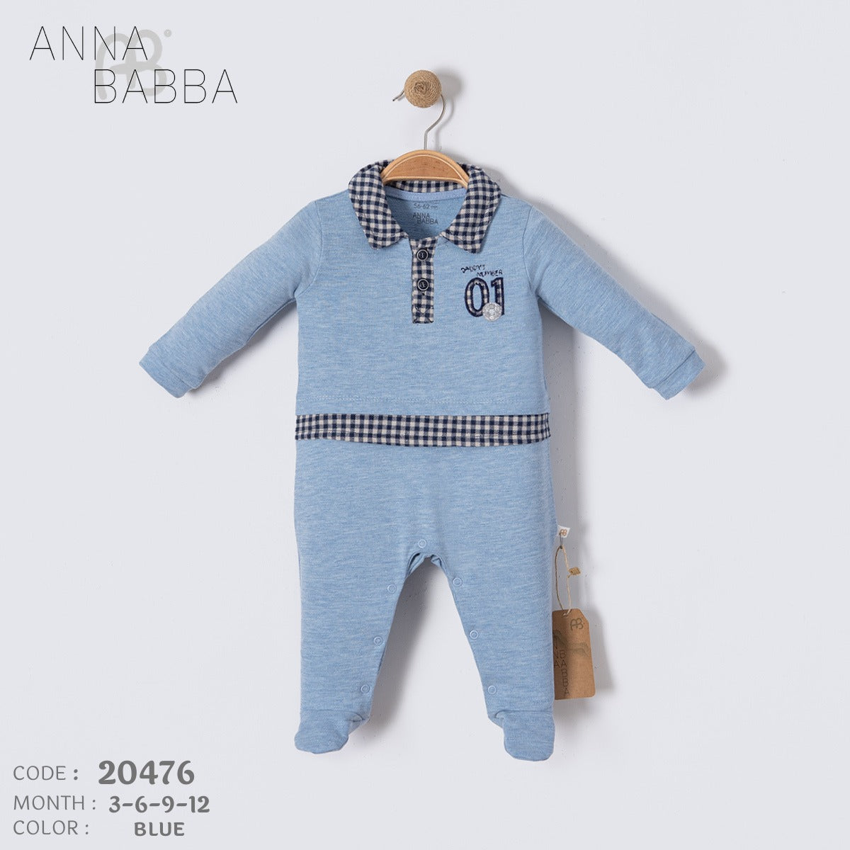 Baby Boy Blue Polo Romper with Checkered Collar – Soft Cotton Footed Onesie