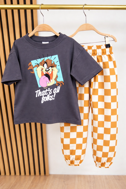 Kids Outfit Set – Charcoal Tee & Orange Check Joggers