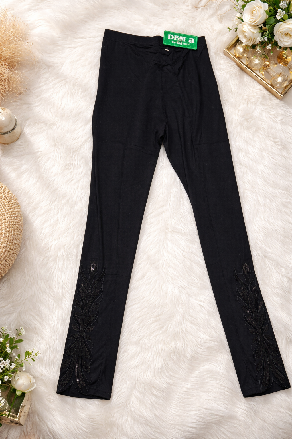 Black Pull-On Pants with Sequin Floral Detail – Stretch Waist, Elegant & Comfortable
